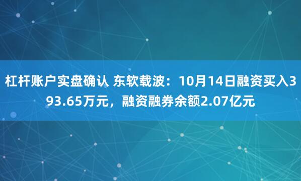 杠杆账户实盘确认 东软载波：10月14日融资买入393.65万元，融资融券余额2.07亿元